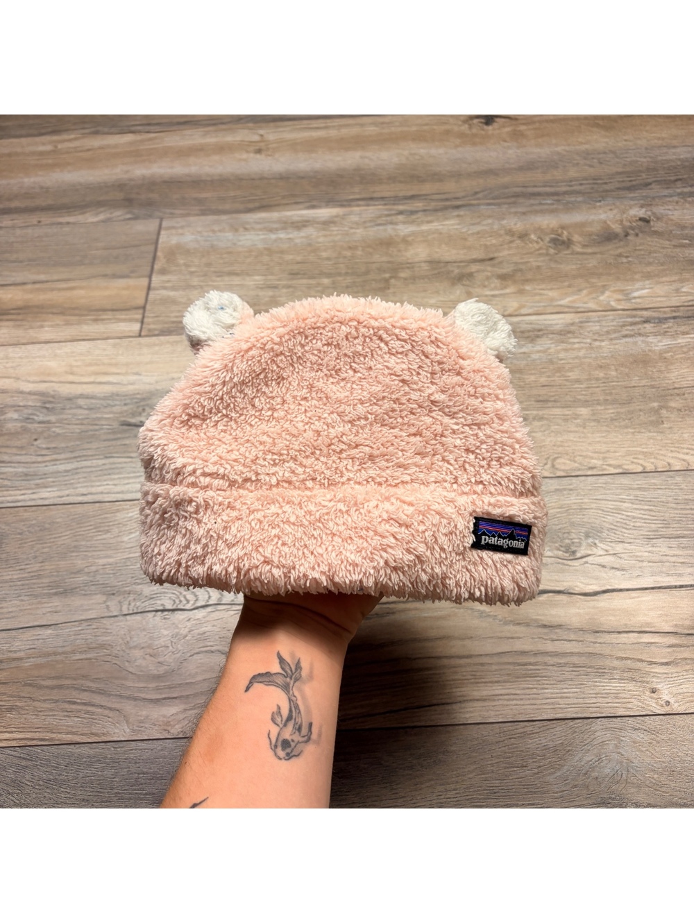 Patagonia Pink Fuzzy Beanie with Bear Ears